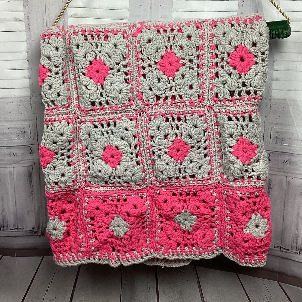 Handmade Granny Square Crochet Blanket Pink & Gray